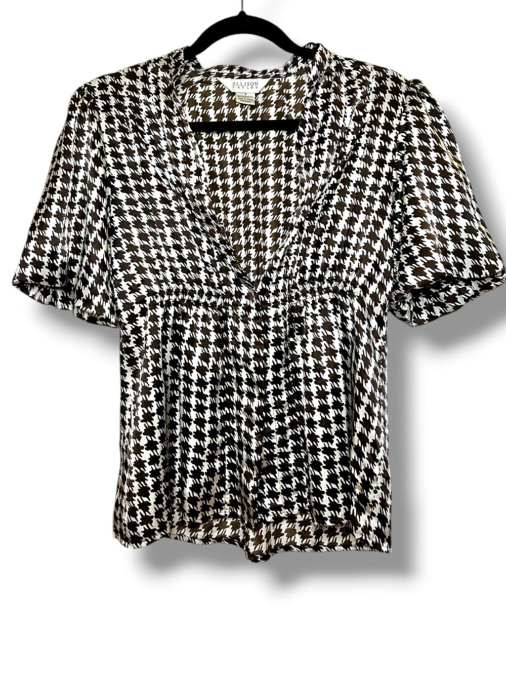 Allison Taylor Brown & White Houndstooth V-Neck Blouse Flowy Button Jacket Top S